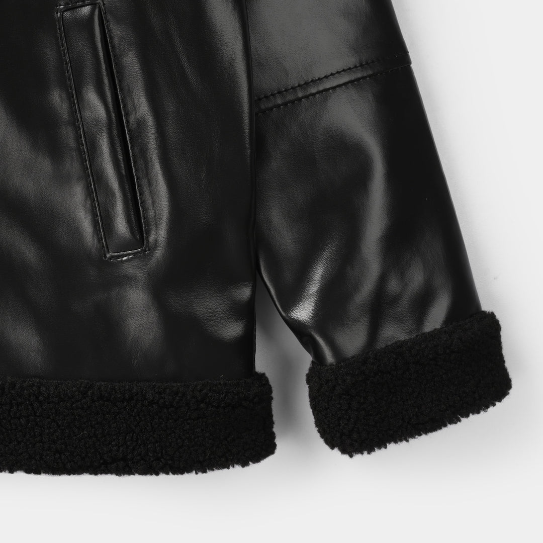 Girls Pu Jacket Sherpa Hem-BLACK