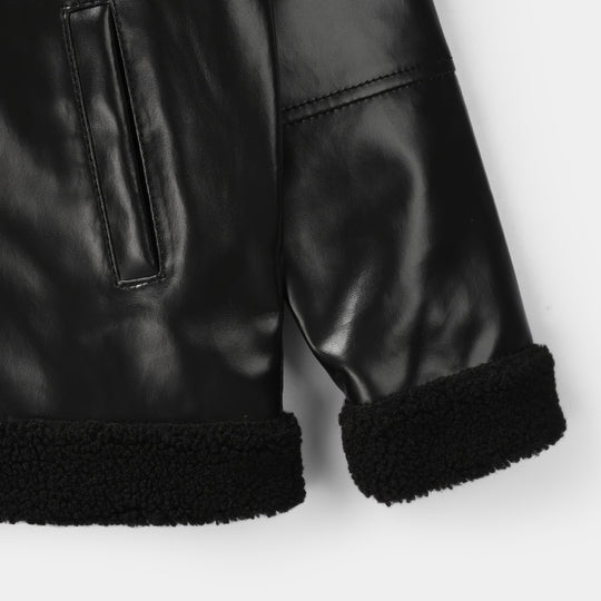 Girls Pu Jacket Sherpa Hem-BLACK