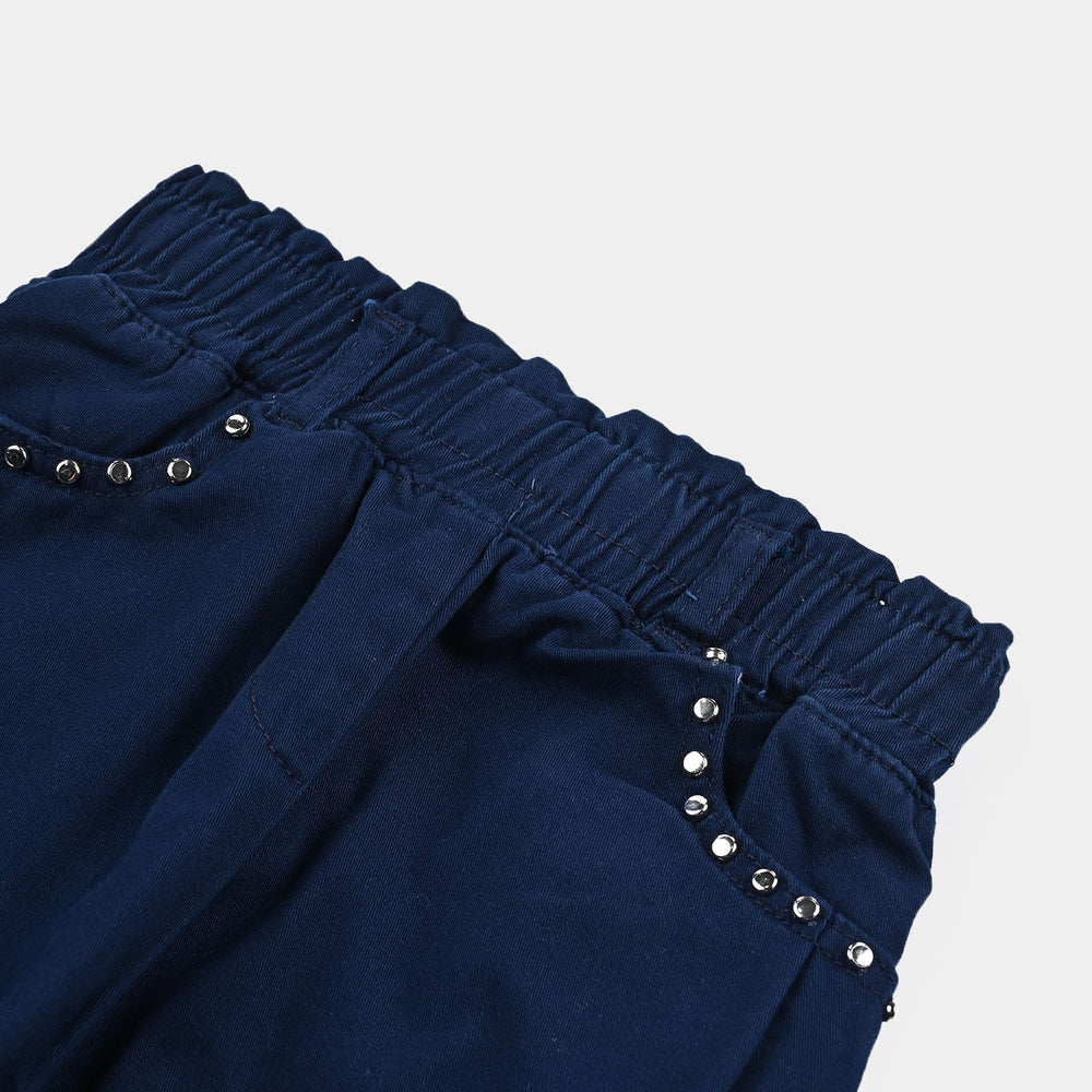 Girls Cotton Twill Pant Pleats & Pearls-Navy Blue