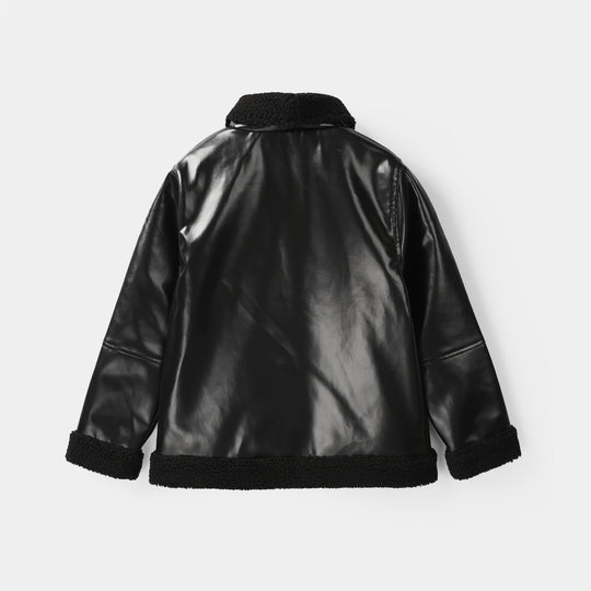 Girls Pu Jacket Sherpa Hem-BLACK