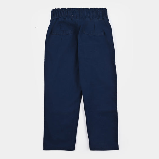 Girls Cotton Twill Pant Pleats & Pearls-Navy Blue