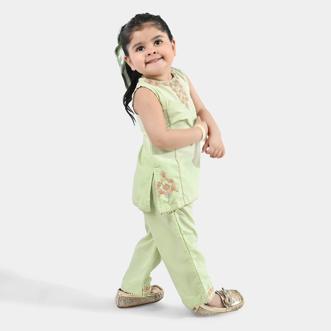 Infant Girls Raw Silk 2-Piece Set (Laddoo Rani) - Pista Green