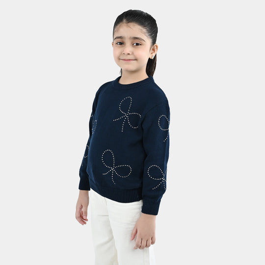 Girls Cotton Sweater Bow Studs-BLUE