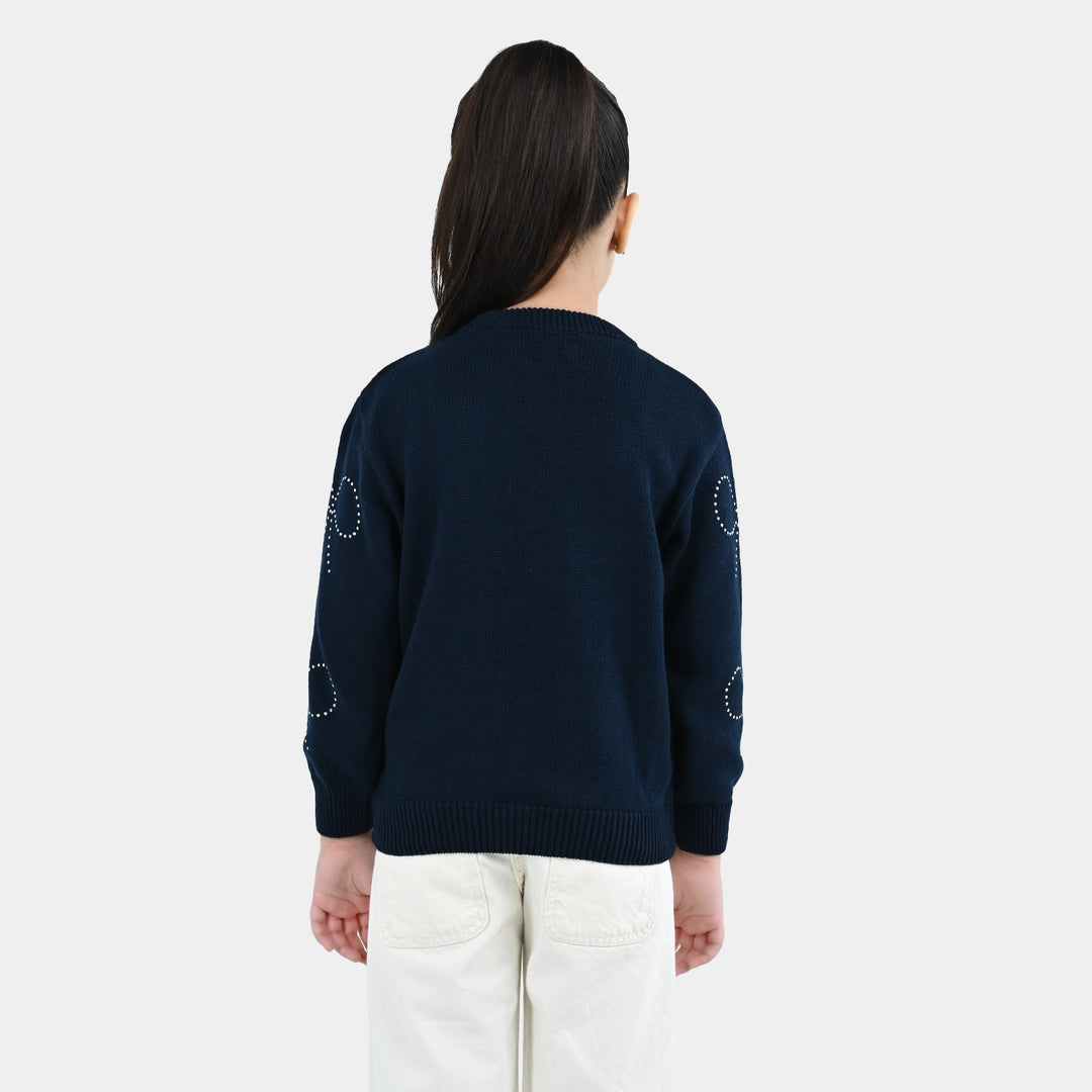 Girls Cotton Sweater Bow Studs-BLUE