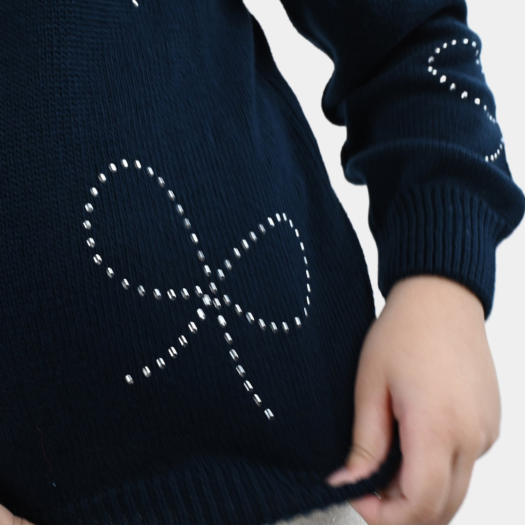 Girls Cotton Sweater Bow Studs-BLUE