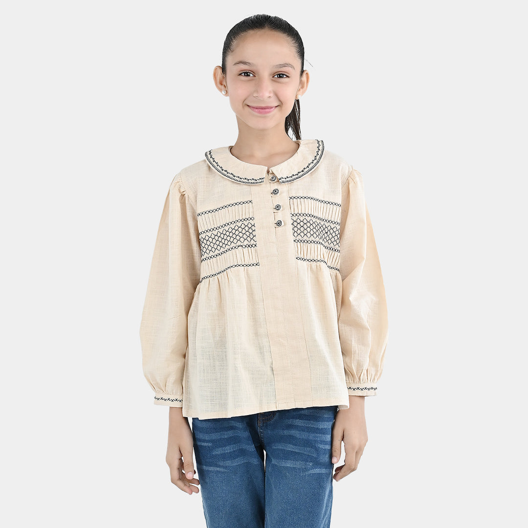 Girls Cotton Emb Top Vintage Top-Ivory
