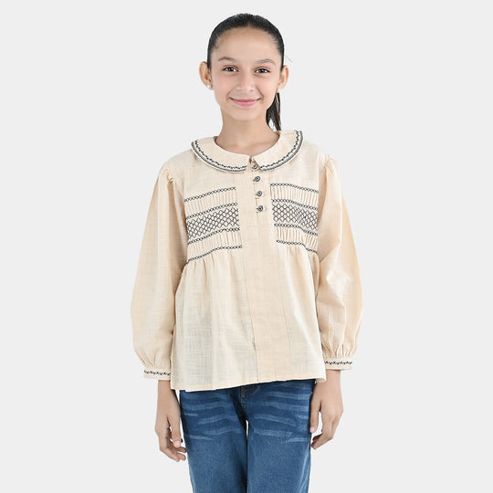 Girls Cotton Emb Top Vintage Top-Ivory