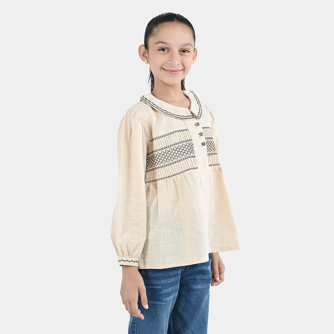 Girls Cotton Emb Top Vintage Top-Ivory