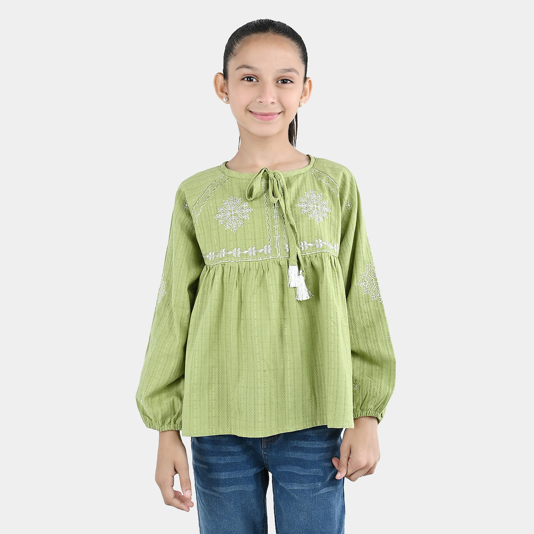 Girls Cotton Emb Top Lime-Green