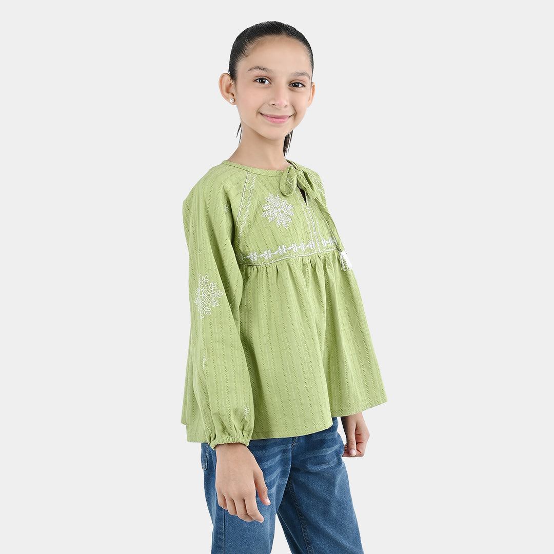 Girls Cotton Emb Top Lime-Green