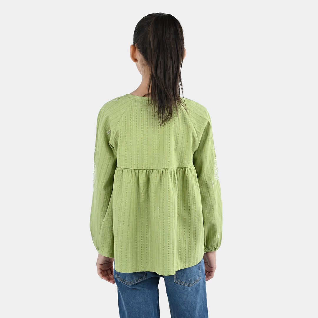 Girls Cotton Emb Top Lime-Green