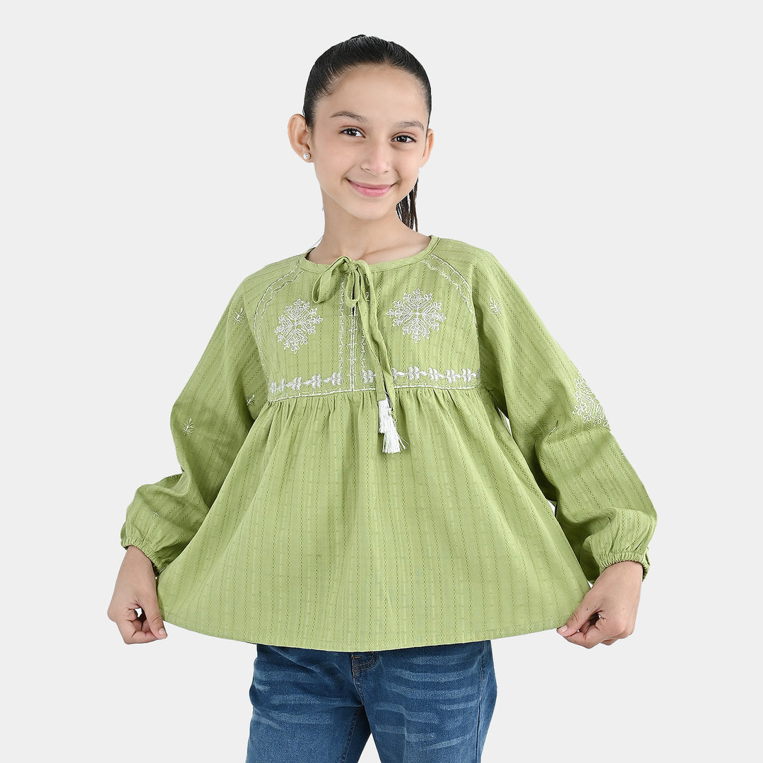 Girls Cotton Emb Top Lime-Green