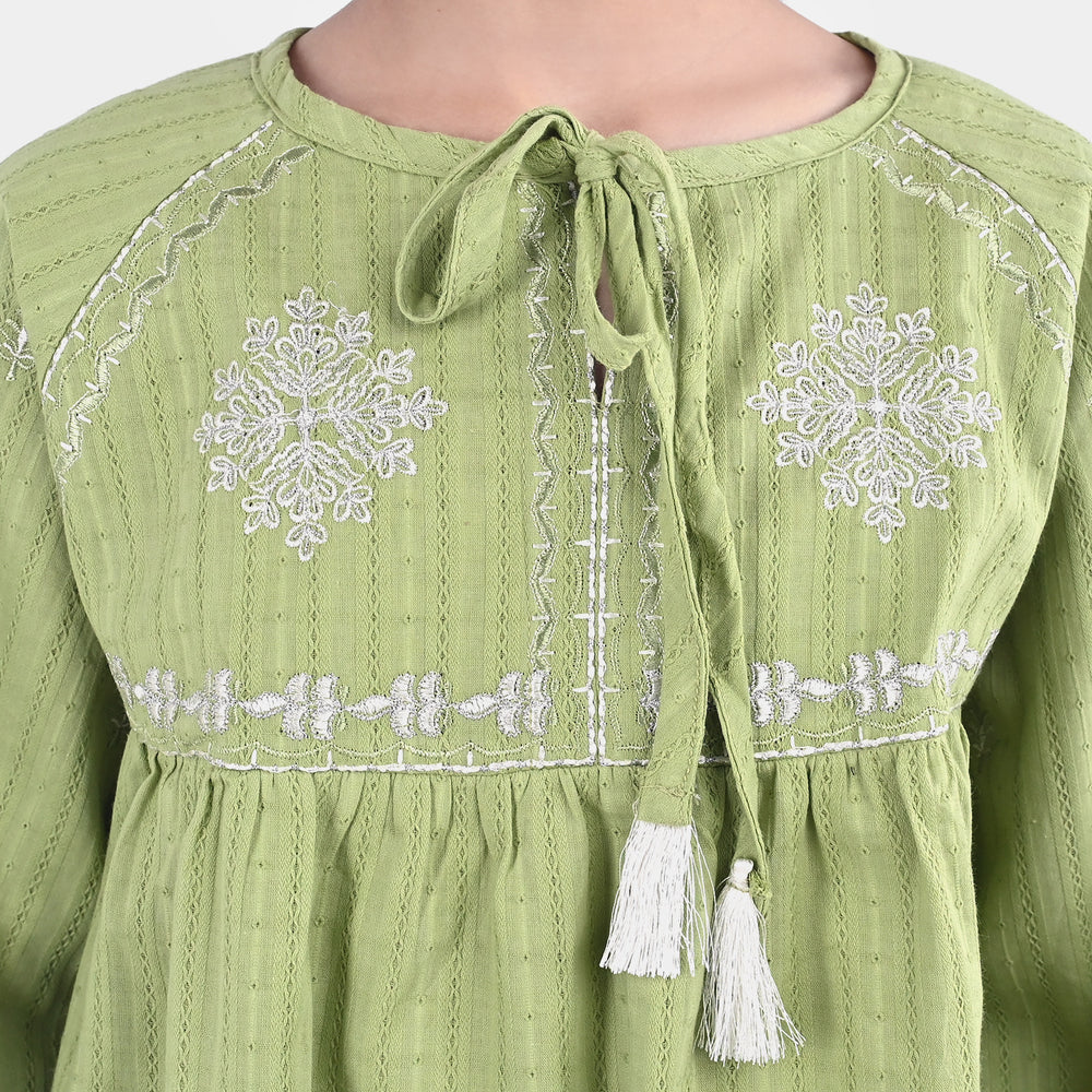 Girls Cotton Emb Top Lime-Green