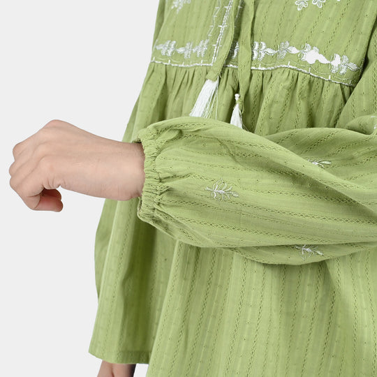 Girls Cotton Emb Top Lime-Green