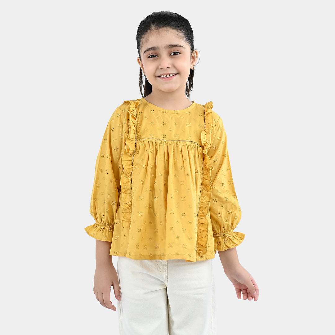 Girls Cotton Emb Top Shine-Mustard
