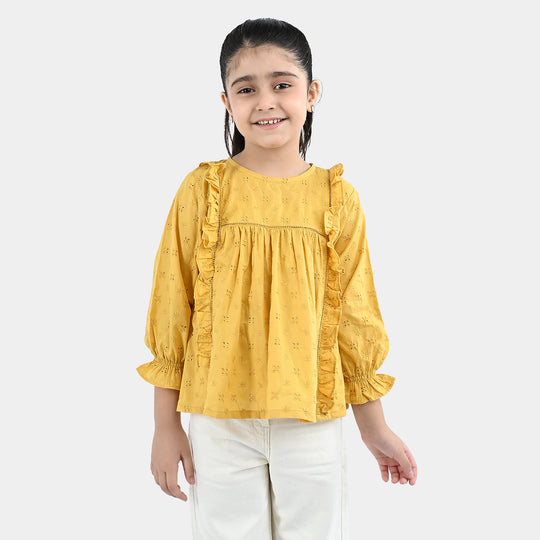Girls Cotton Emb Top Shine-Mustard