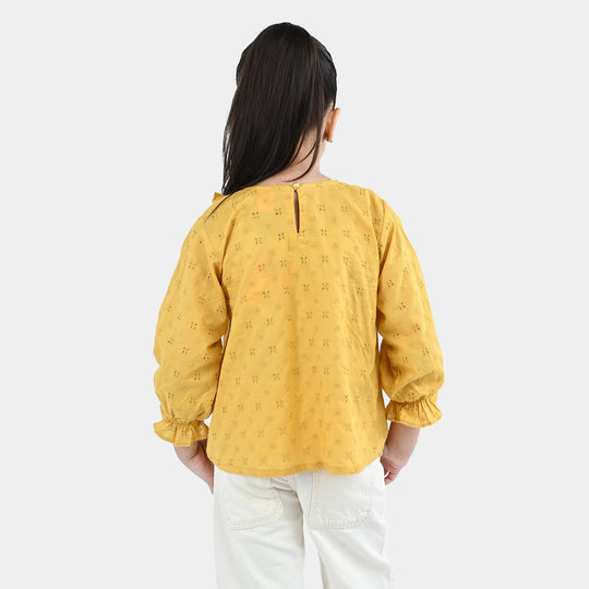 Girls Cotton Emb Top Shine-Mustard