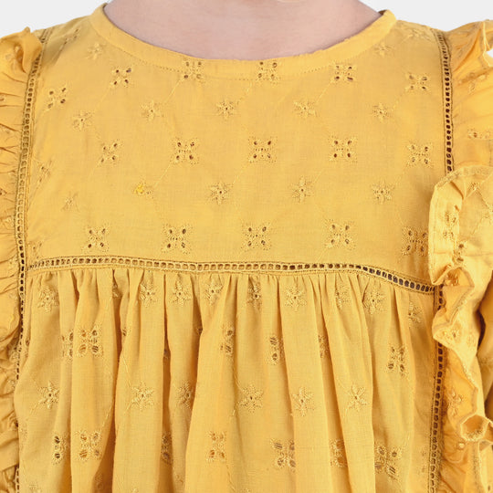 Girls Cotton Emb Top Shine-Mustard