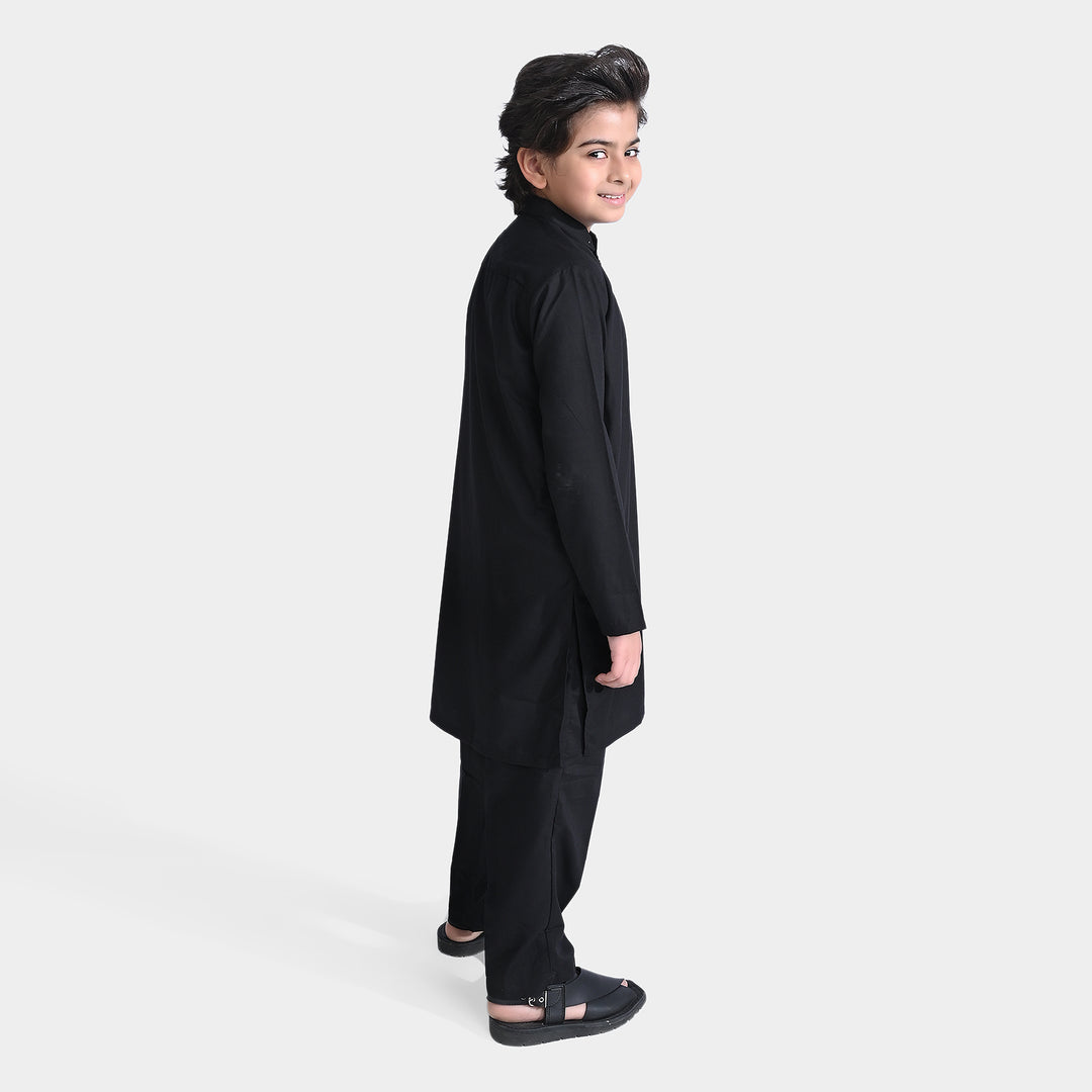 Boys Poly Viscose Shalwar Suit (Double Band Collar)-BLACK