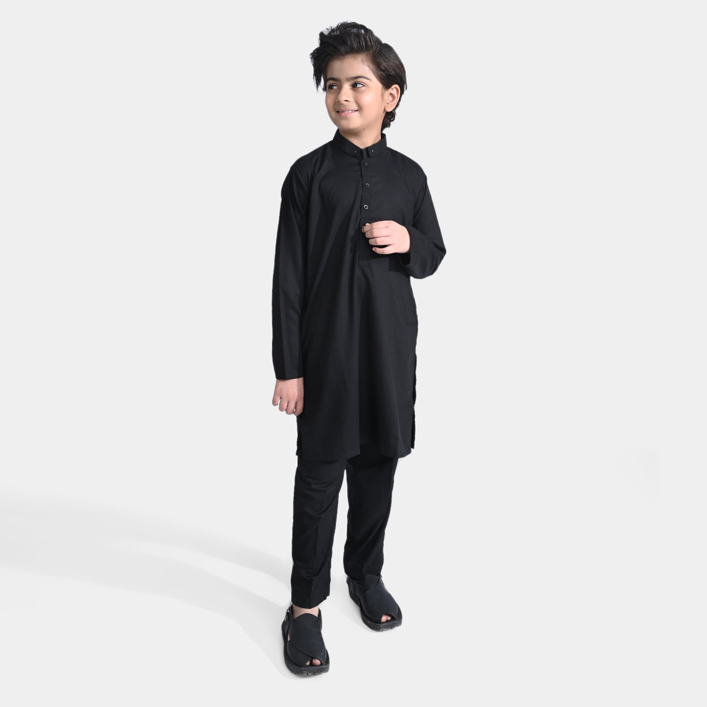 Boys Poly Viscose Shalwar Suit (Double Band Collar)-BLACK