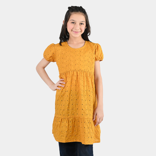 Girls Poly Crinkle Embroidered Frock - Golden Glow