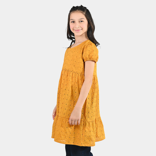 Girls Poly Crinkle Embroidered Frock - Golden Glow