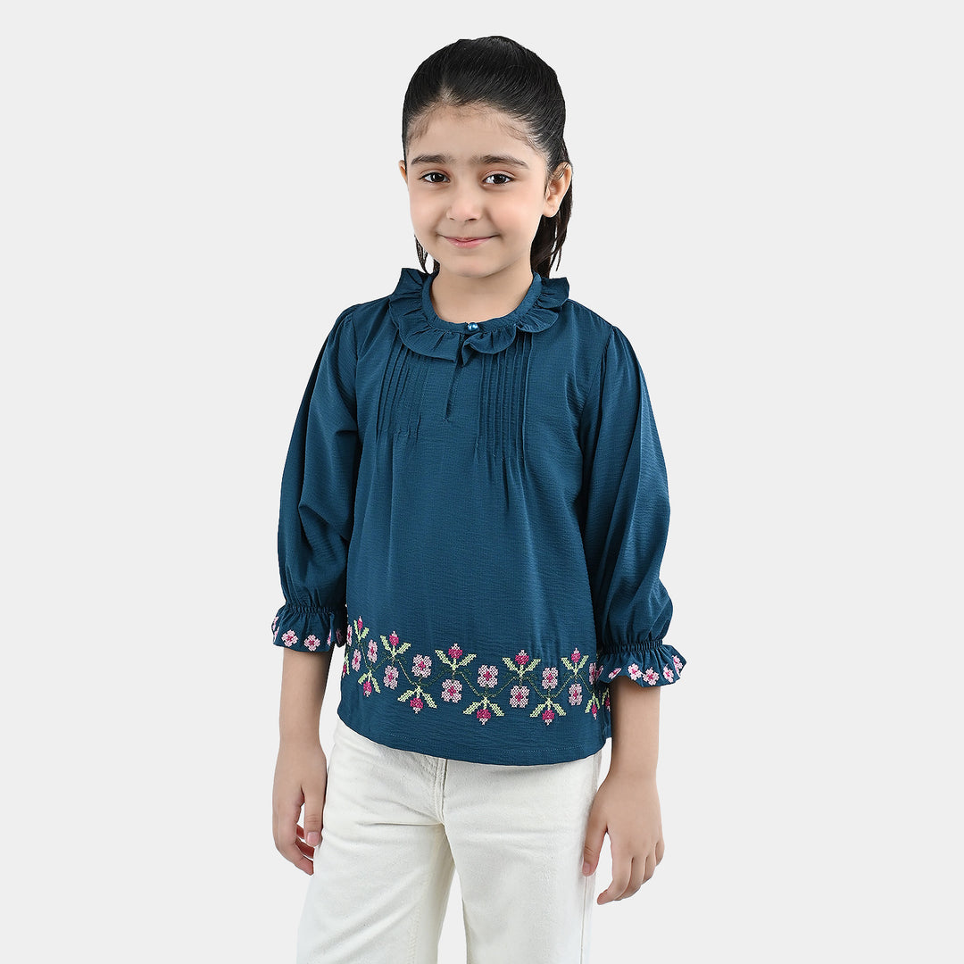 Girls Polyester Emb Top Cross Stitch- Teal