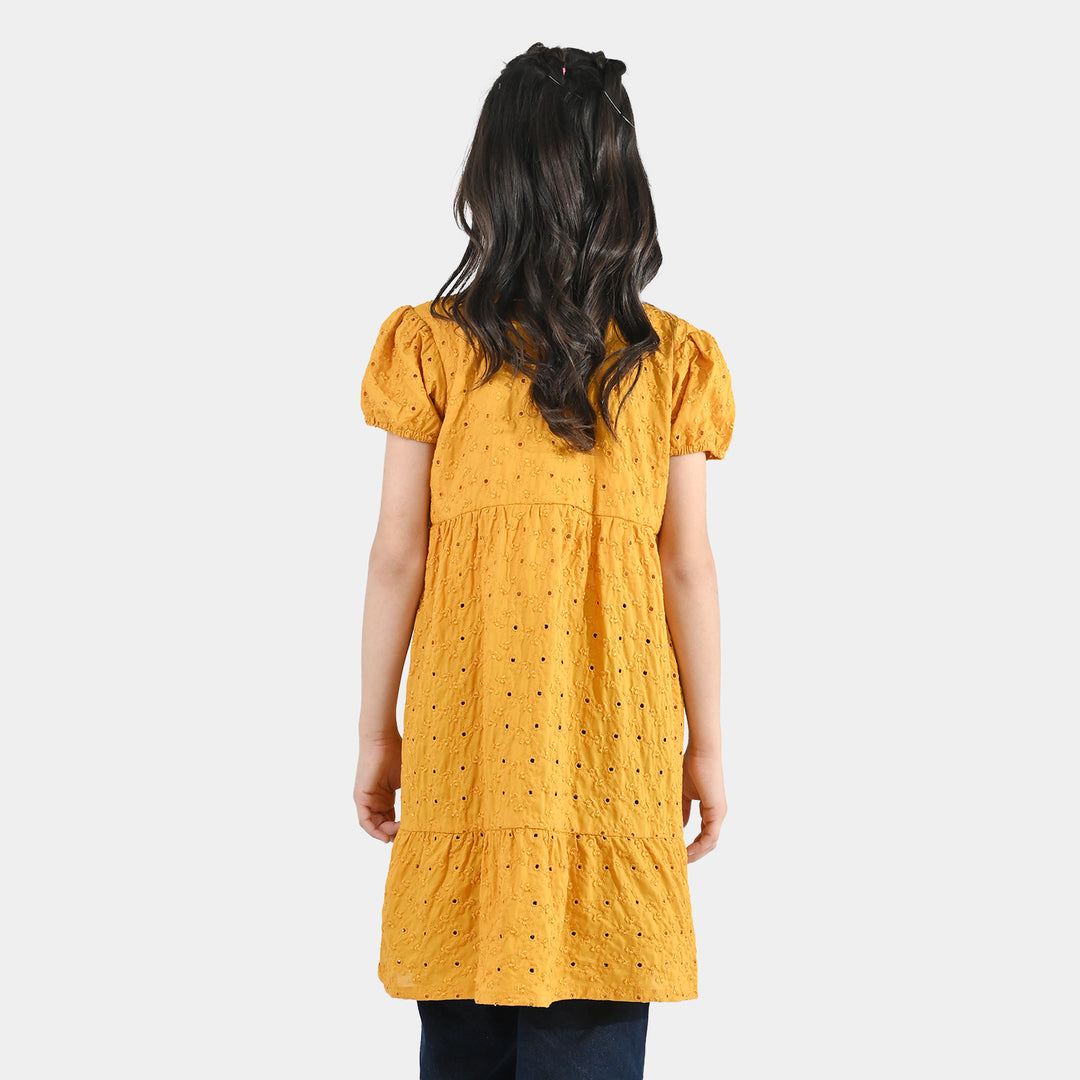 Girls Poly Crinkle Embroidered Frock - Golden Glow