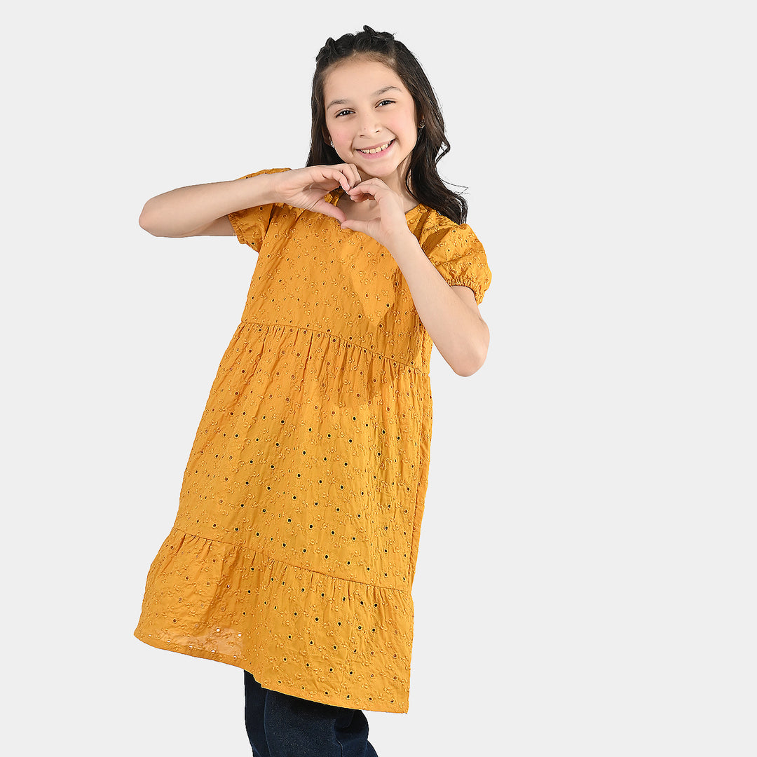 Girls Poly Crinkle Embroidered Frock - Golden Glow