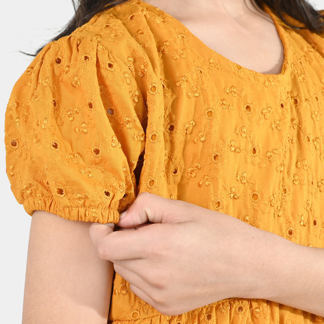 Girls Poly Crinkle Embroidered Frock - Golden Glow