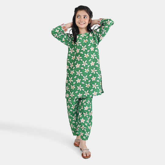 Girls Poly Net Printed 2Pcs Suit Desi Jasmine Ind-GREEN