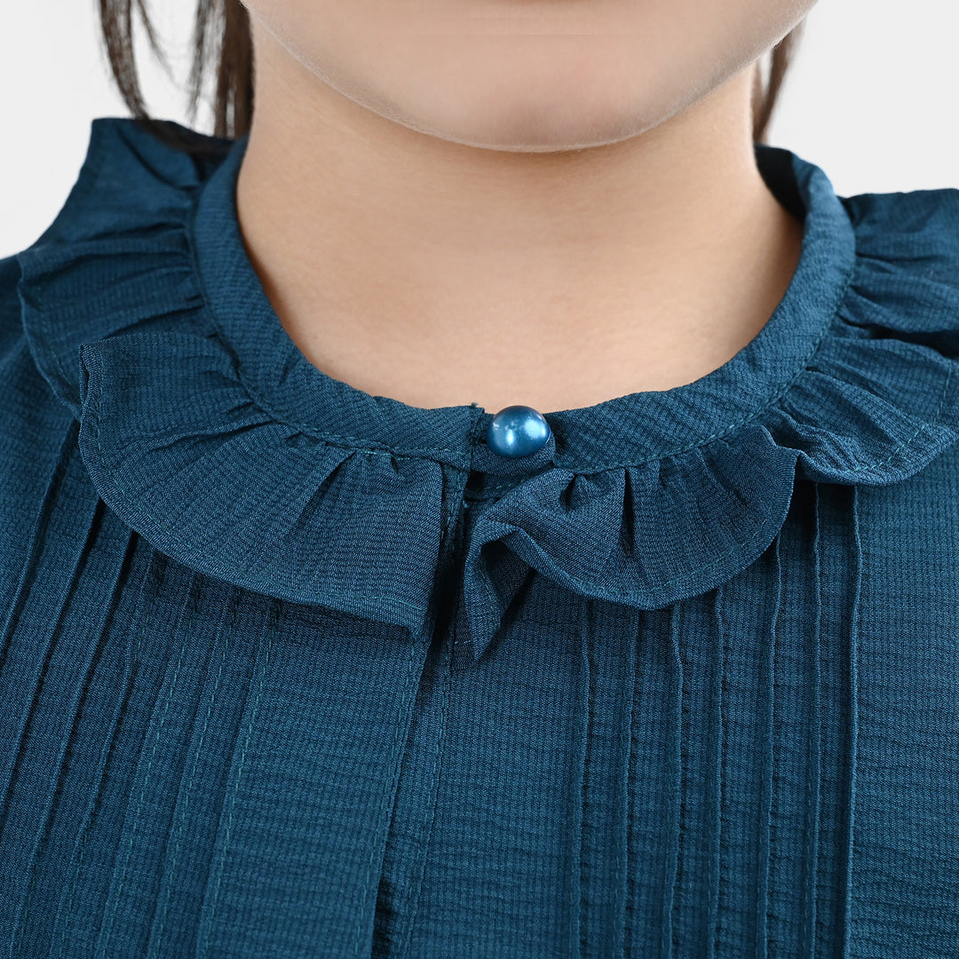 Girls Polyester Emb Top Cross Stitch- Teal