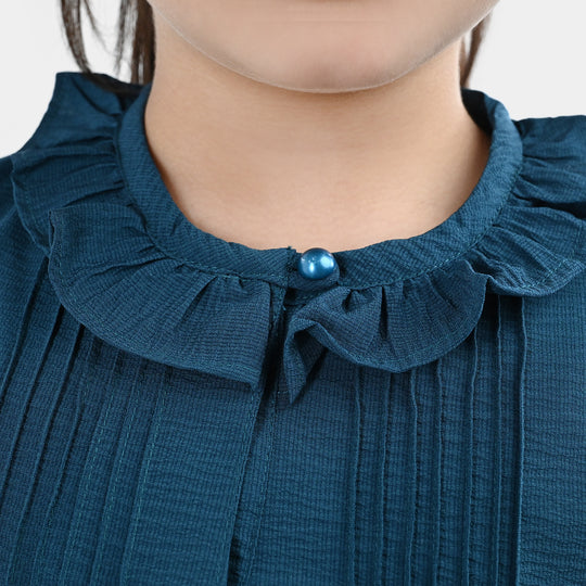 Girls Polyester Emb Top Cross Stitch- Teal
