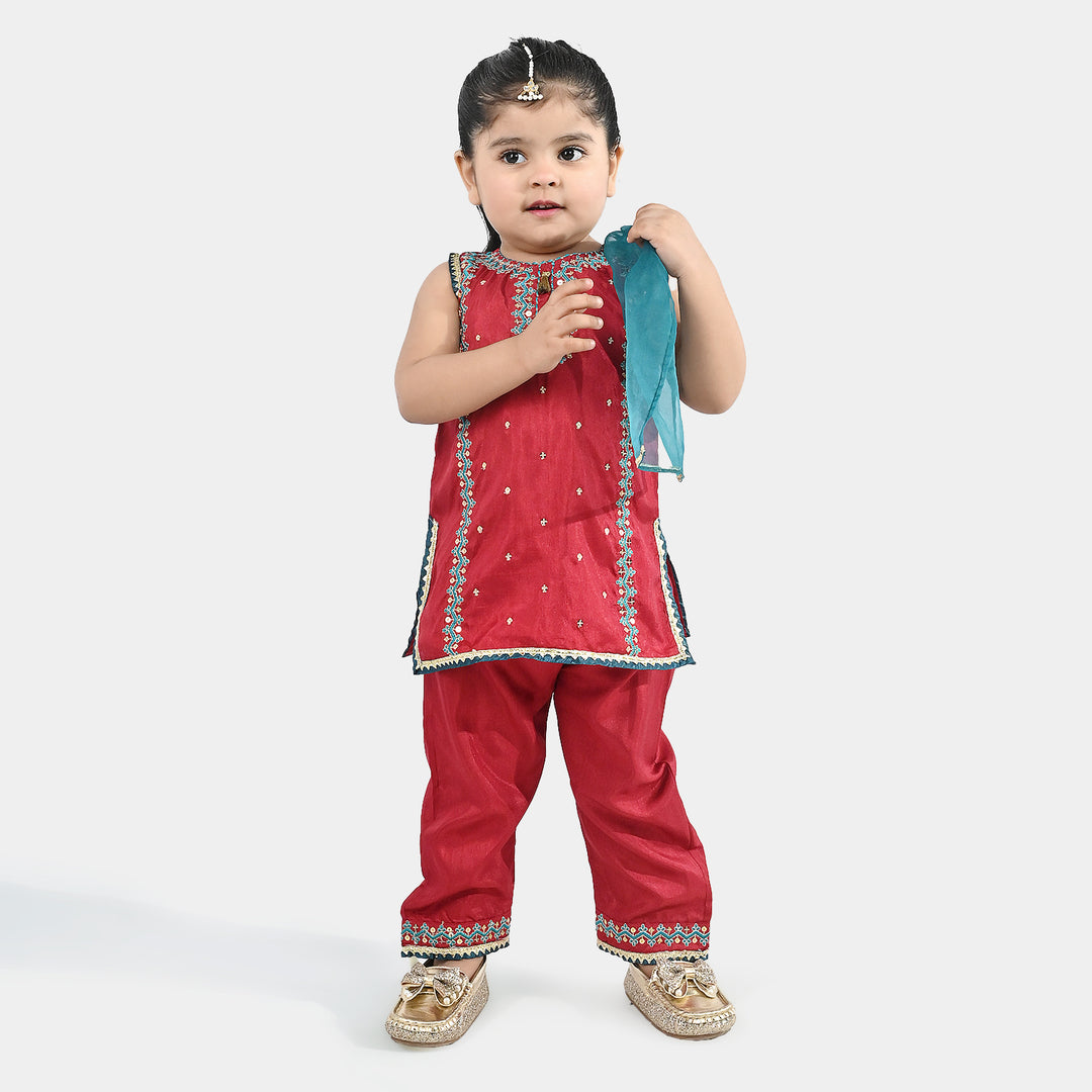 Infant Girls Raw Silk 3 Piece Suit (Naqsh) - Red