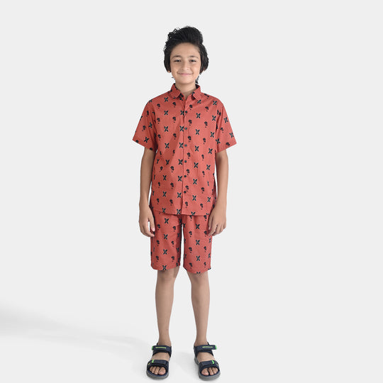 Boys Cotton Slub Woven Suit-Beach-Rust