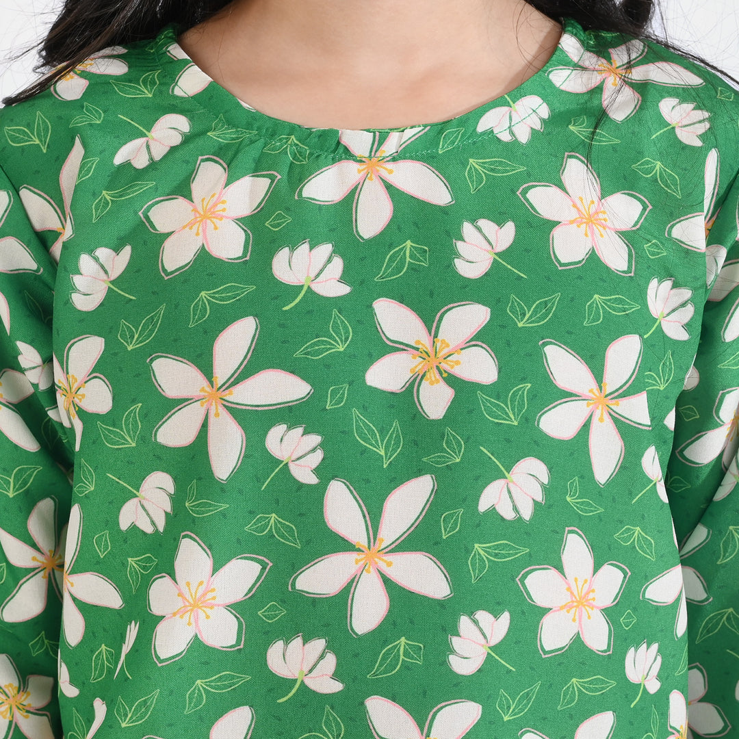 Girls Poly Net Printed 2Pcs Suit Desi Jasmine Ind-GREEN