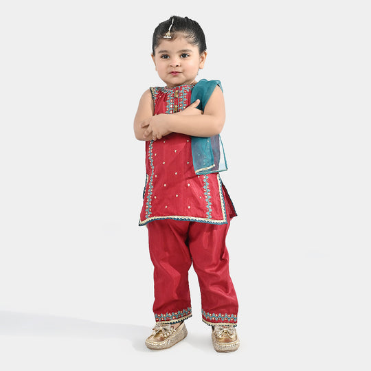 Infant Girls Raw Silk 3 Piece Suit (Naqsh) - Red