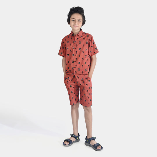 Boys Cotton Slub Woven Suit-Beach-Rust