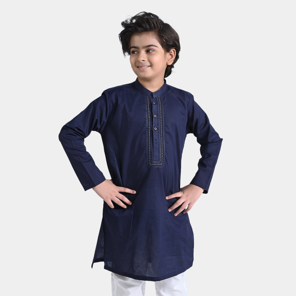 Boys Cotton Slub Embroidered Kurta (Sequins EMB)-NAVY