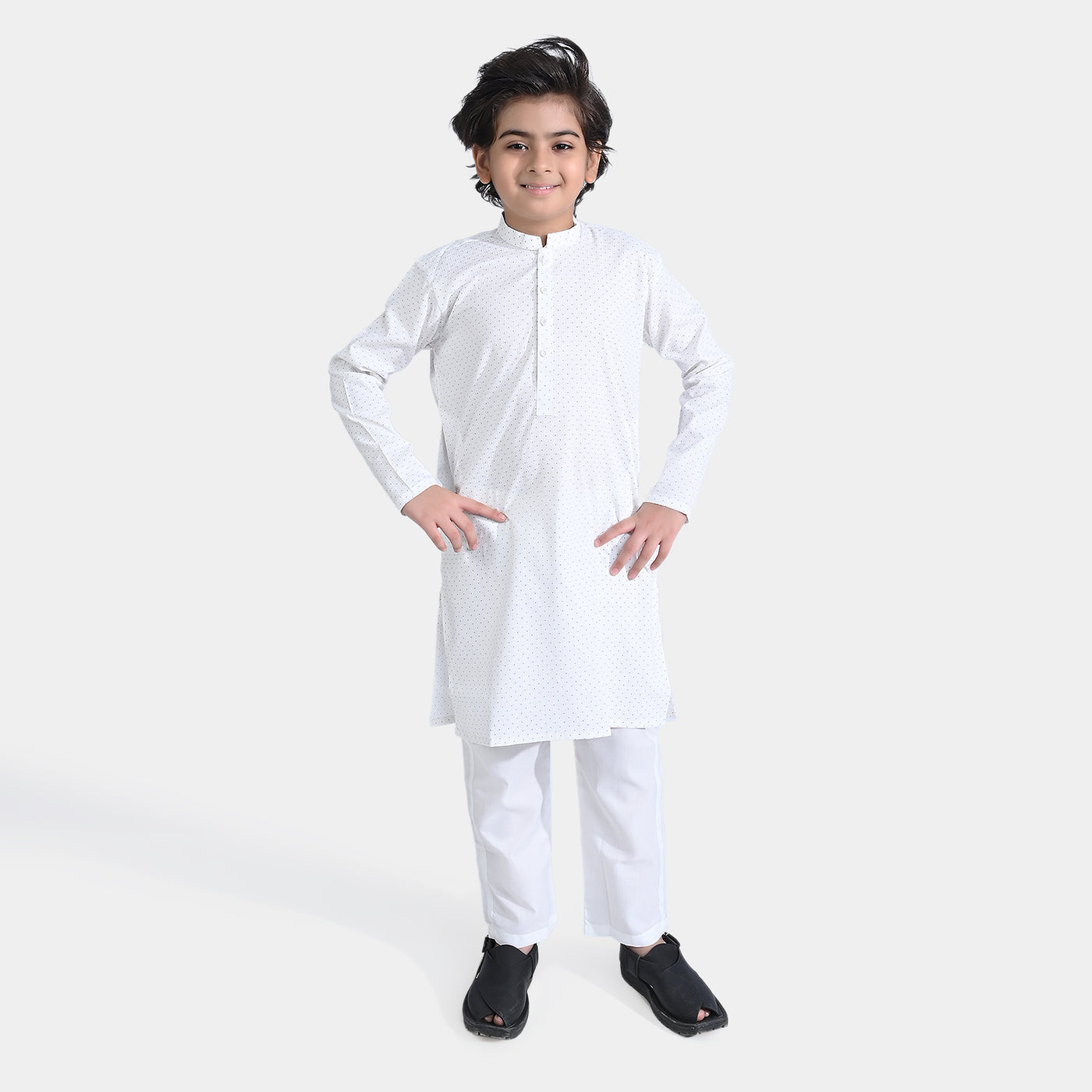 Boys Poly Viscose Shalwar Suit Dots -White