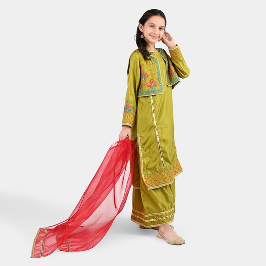 Girls Raw Silk 4Pcs Rasam-Olive.Green