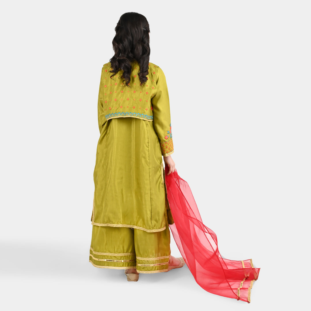 Girls Raw Silk 4Pcs Rasam-Olive.Green