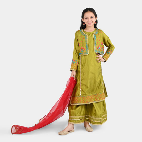 Girls Raw Silk 4Pcs Rasam-Olive.Green