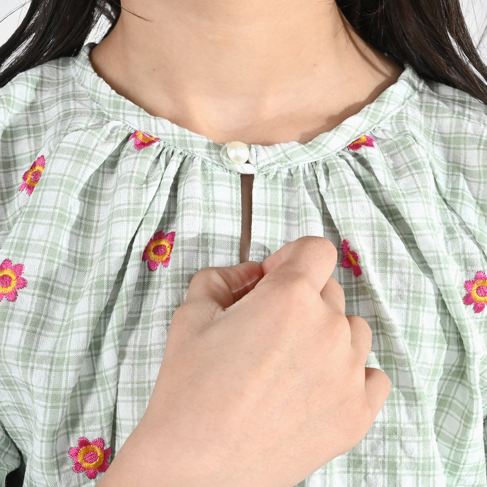 Girls Cotton Embroidered Top (Checks) - Pista Green