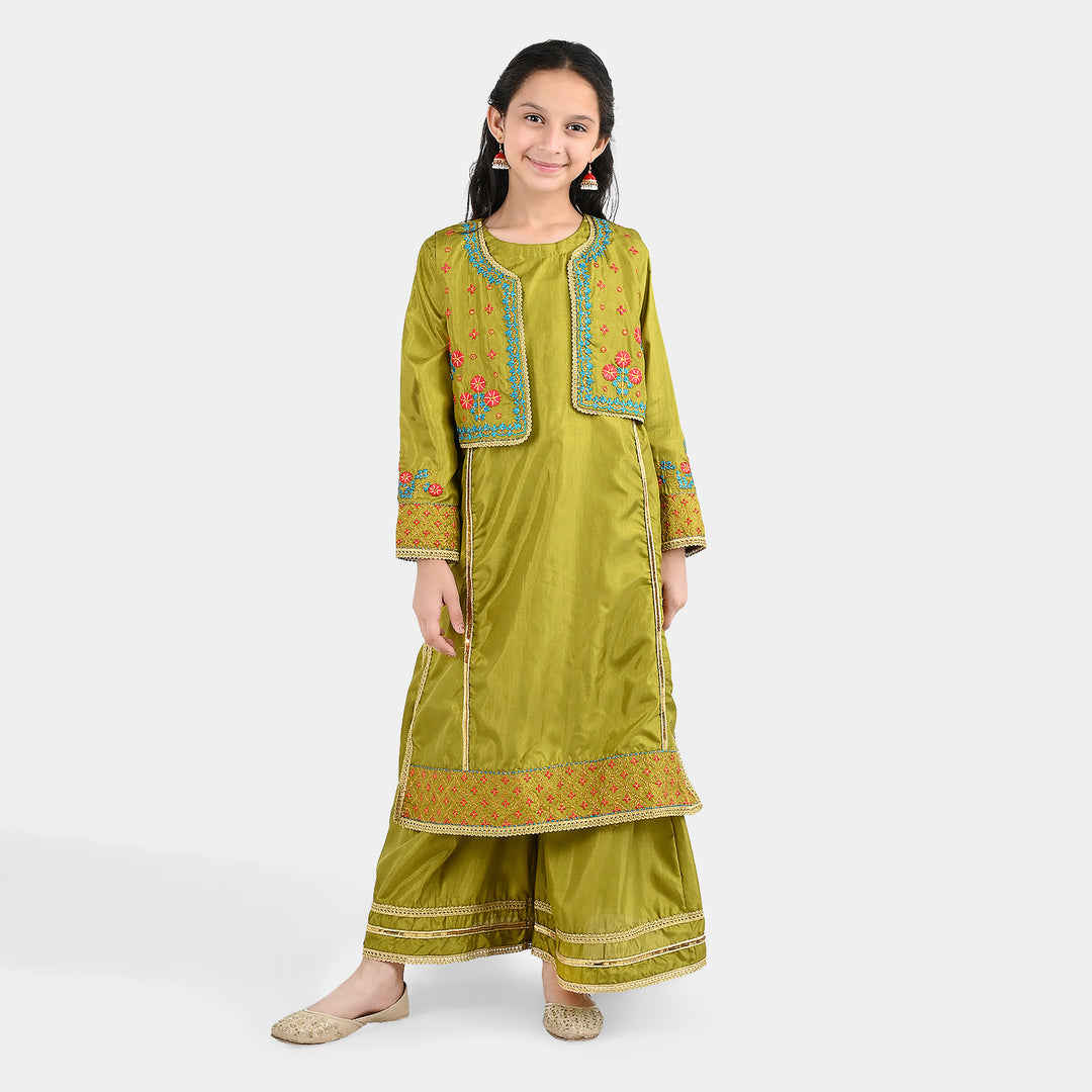 Girls Raw Silk 4Pcs Rasam-Olive.Green