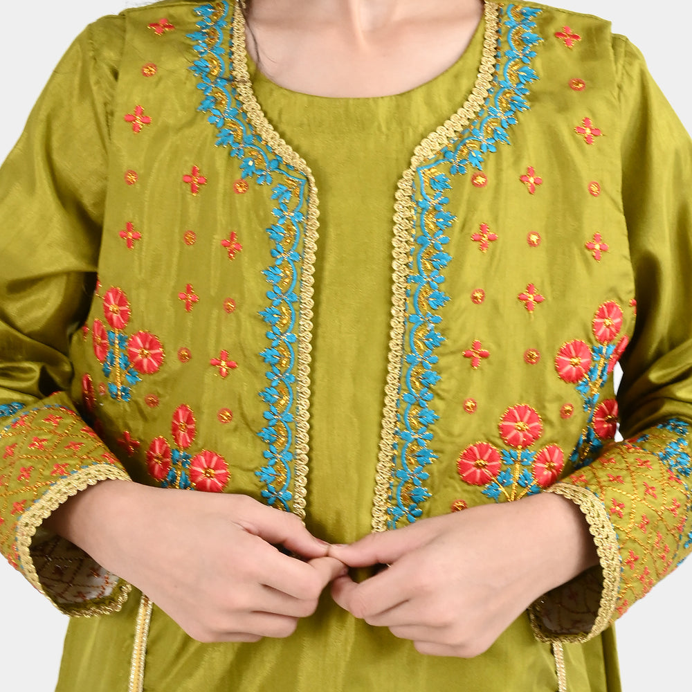 Girls Raw Silk 4Pcs Rasam-Olive.Green
