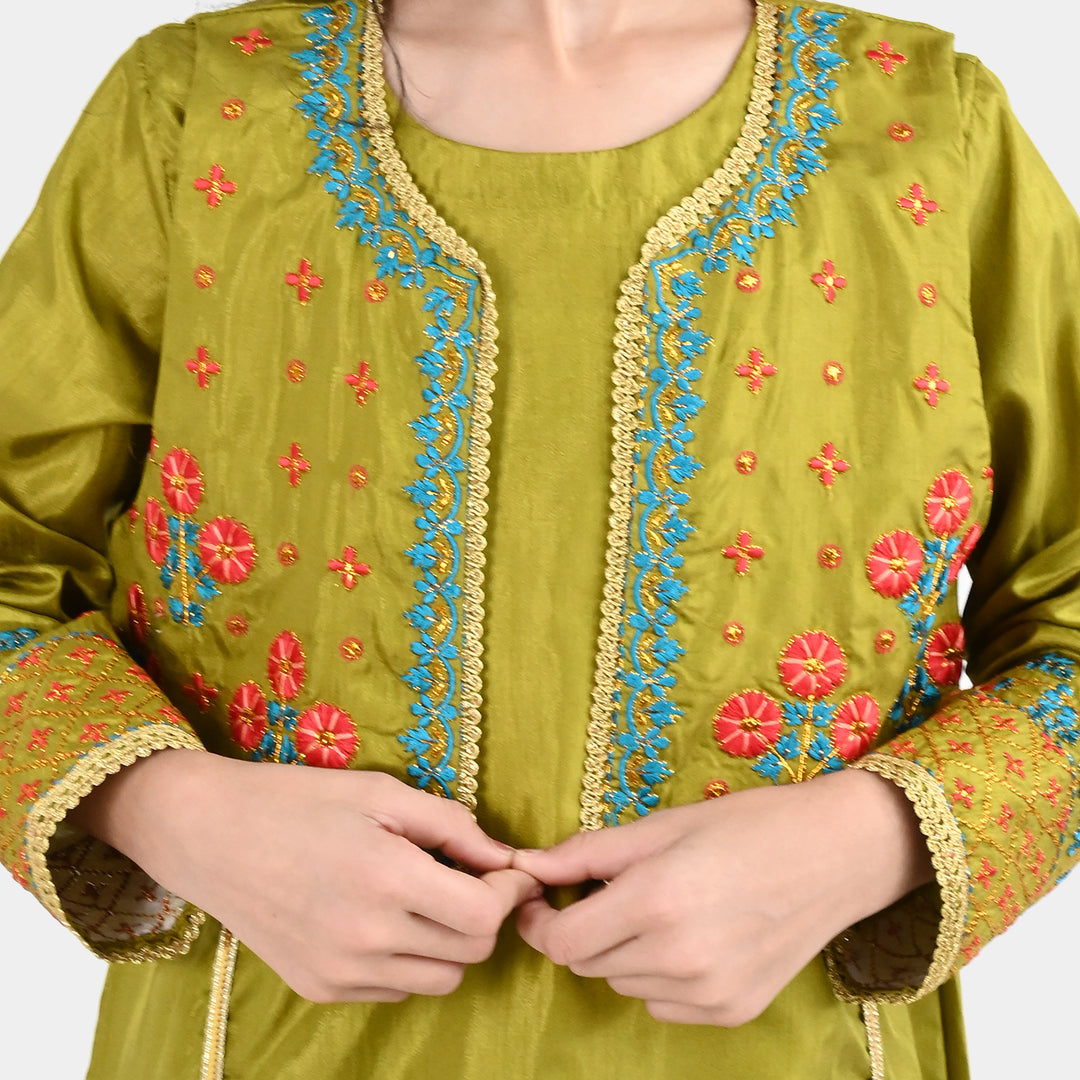 Girls Raw Silk 4Pcs Rasam-Olive.Green
