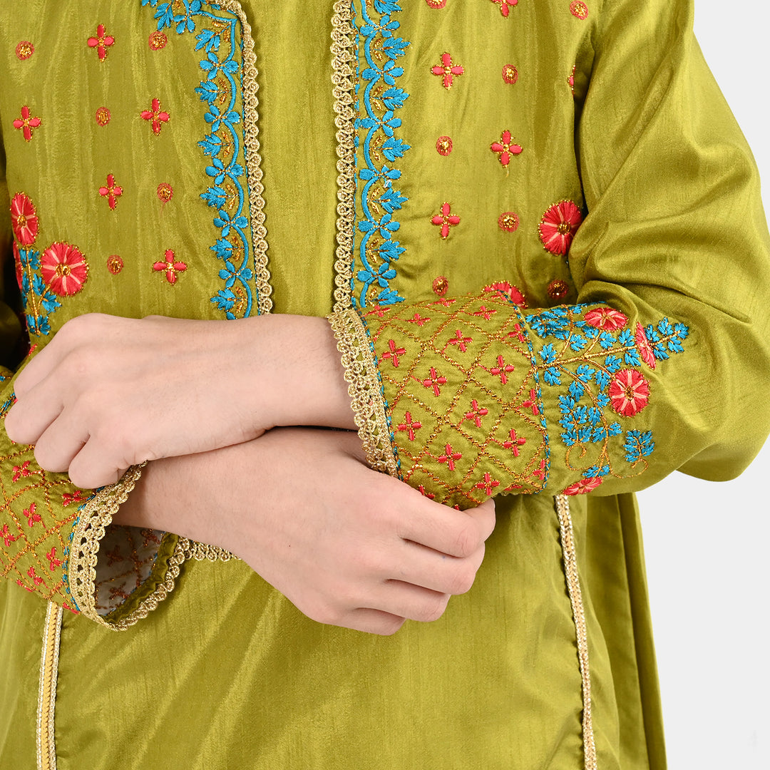 Girls Raw Silk 4Pcs Rasam-Olive.Green