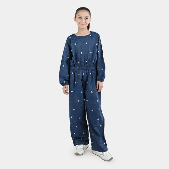 Girls Tensile Denim (Light Denim) Emb Jumpsuit Floral-BLUE