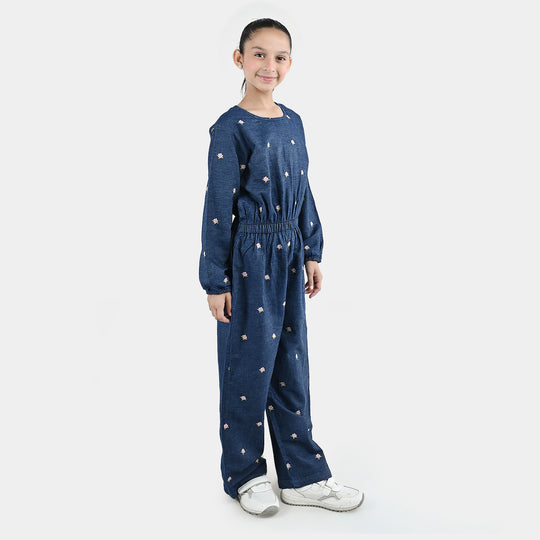 Girls Tensile Denim (Light Denim) Emb Jumpsuit Floral-BLUE